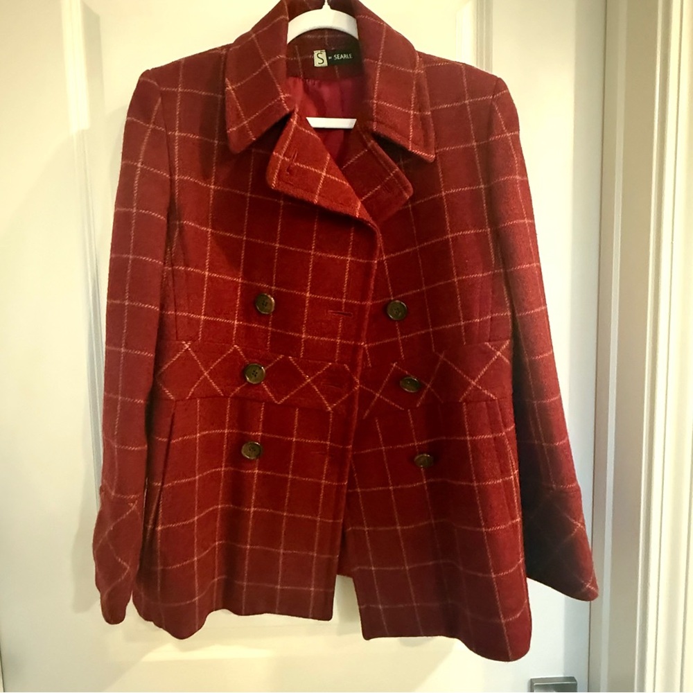 Searle 70s Wool Red Windowpane Plaid Vintage Double-Breasted Coat-Made in USA